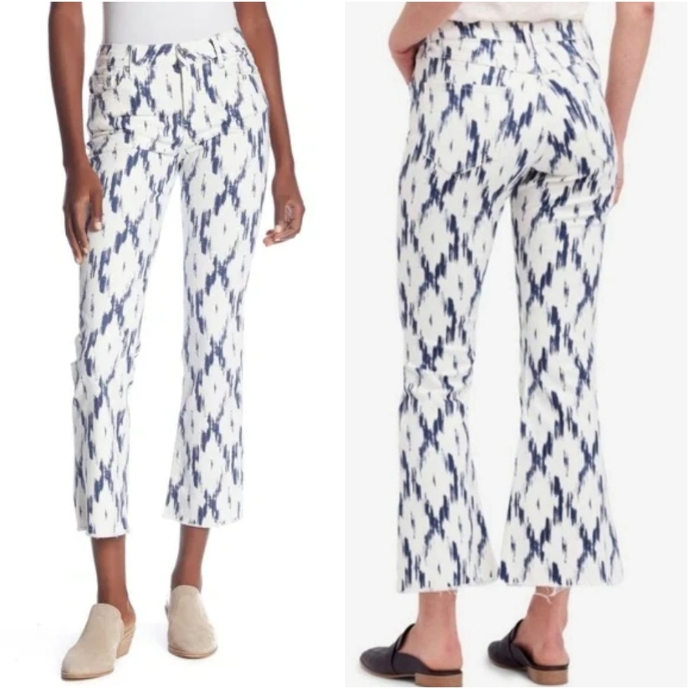 Free People Indigo Skies Ikat Crop Flare Jeans Size 24 Navy Blue & White/Cream